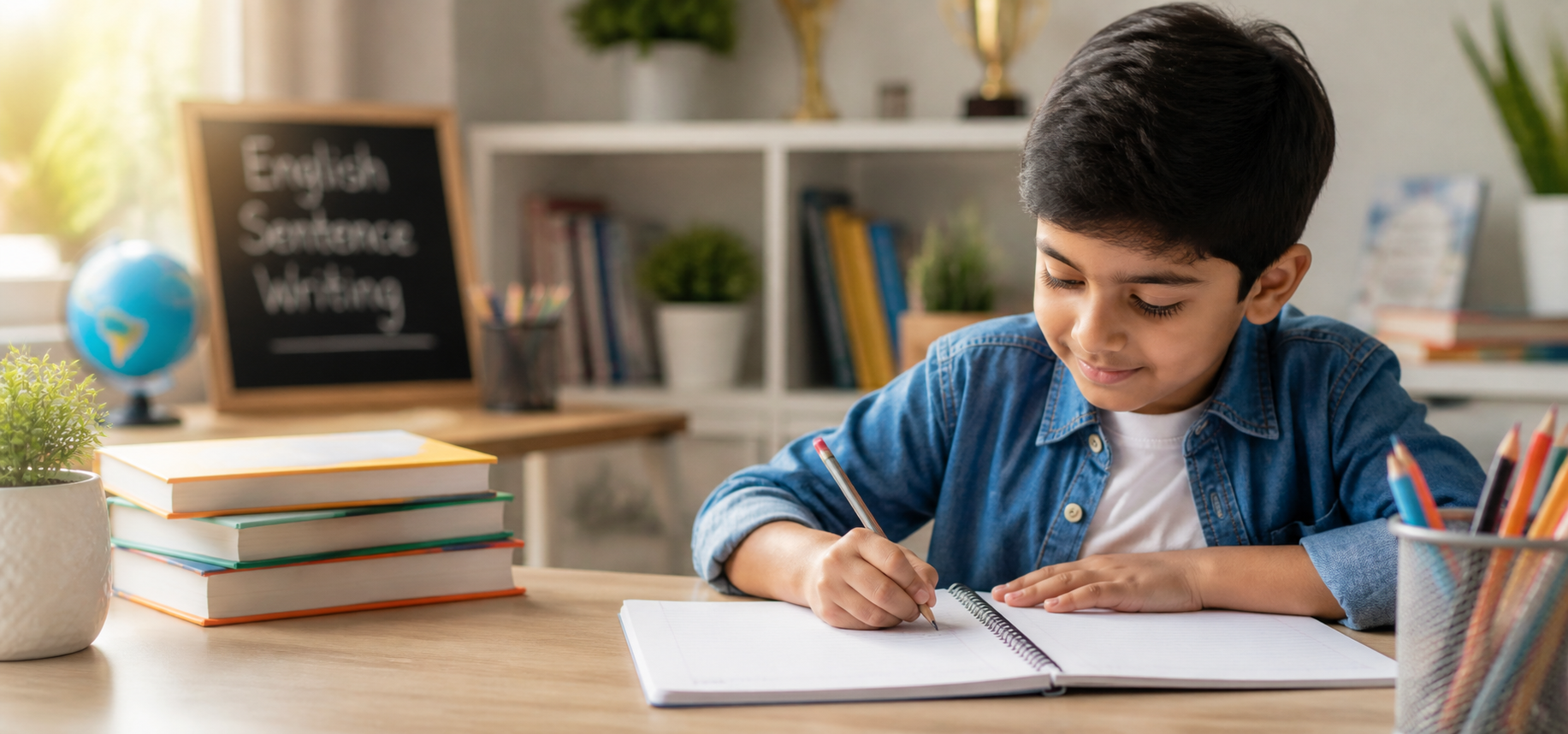 School student writing in a classroom